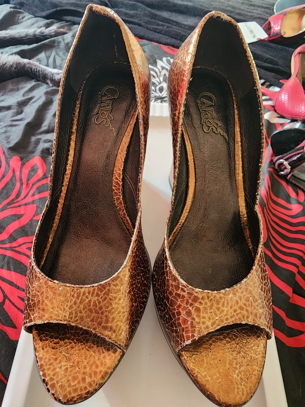Carlos Santana Brown Snake-Embossed Peep-Toe Pumps